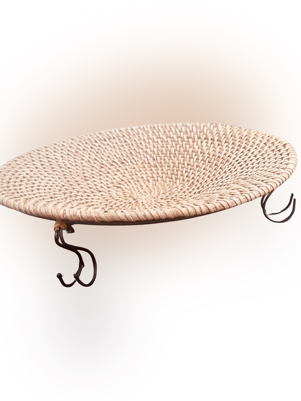 Woven Rustic Decorative Basket Tray in Natural Beige w/ Black Metal Legs